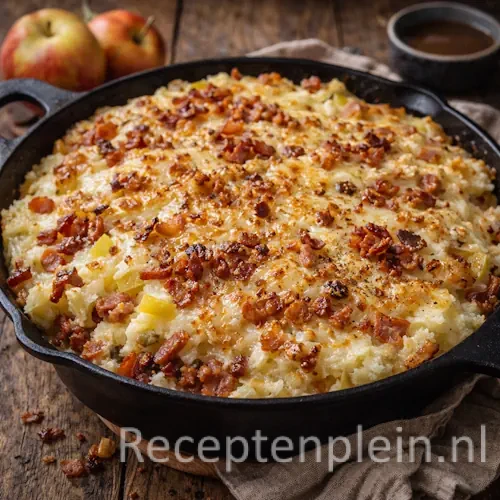 Appelstamppot met spekjes uit de oven op een rustieke houten tafel.