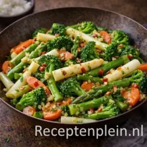 asperge broccoli wortelroerbak op een rustieke houten tafel.