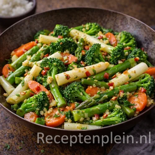 asperge broccoli wortelroerbak op een rustieke houten tafel.