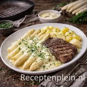 Asperges met entrecôte op rustieke houten tafel