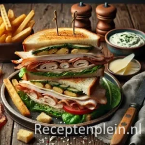 Hyper-realistische foodfoto van een Caesar club sandwich met kiprollade op een rustieke houten tafel. De sandwich bestaat uit goudbruin geroosterd brood, lagen dun gesneden kiprollade, krokant spek, romaine sla, tomaat en romige Caesar dressing, diagonaal gesneden en vastgezet met prikkers. Geserveerd op een keramisch bord met grove frieten en een schaaltje dressing, warm natuurlijk belicht in een gezellige bistrosfeer.