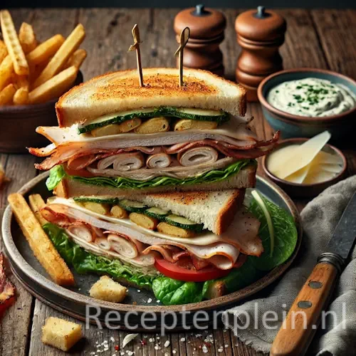 Hyper-realistische foodfoto van een Caesar club sandwich met kiprollade op een rustieke houten tafel. De sandwich bestaat uit goudbruin geroosterd brood, lagen dun gesneden kiprollade, krokant spek, romaine sla, tomaat en romige Caesar dressing, diagonaal gesneden en vastgezet met prikkers. Geserveerd op een keramisch bord met grove frieten en een schaaltje dressing, warm natuurlijk belicht in een gezellige bistrosfeer.