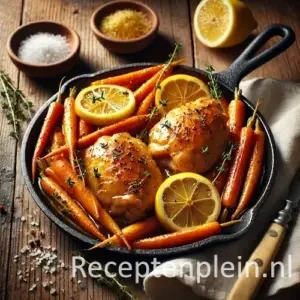 Hyperrealistische foodfoto van citroenkip met roergebakken worteltjes geserveerd in een gietijzeren pan op een rustieke houten tafel, licht uitgezoomd zodat het tafelblad duidelijk zichtbaar is. De goudbruin gebakken kip is geglazuurd met citroensaus en gegarneerd met schijfjes citroen en verse tijm, naast glanzende worteltjes met lichte karamellisatie. Op tafel liggen een halve citroen, grof zeezout, een mes en een linnen doek in warm namiddaglicht met een premium foodmagazine uitstraling.