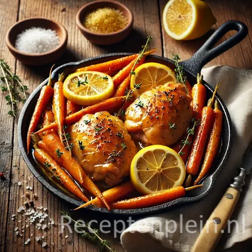 Hyperrealistische foodfoto van citroenkip met roergebakken worteltjes geserveerd in een gietijzeren pan op een rustieke houten tafel, licht uitgezoomd zodat het tafelblad duidelijk zichtbaar is. De goudbruin gebakken kip is geglazuurd met citroensaus en gegarneerd met schijfjes citroen en verse tijm, naast glanzende worteltjes met lichte karamellisatie. Op tafel liggen een halve citroen, grof zeezout, een mes en een linnen doek in warm namiddaglicht met een premium foodmagazine uitstraling.