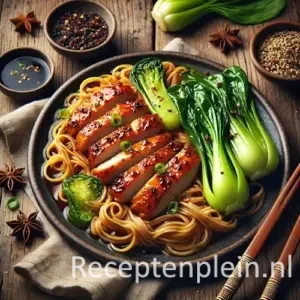 Five spice kip met paksoi en eiermie in wok op rustieke houten tafel