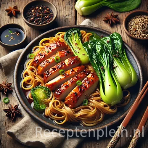 Five spice kip met paksoi en eiermie in wok op rustieke houten tafel