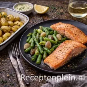 Gebakken vis met roergebakken groene asperges op rustieke houten tafel