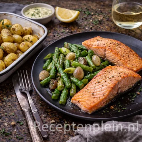 Gebakken vis met roergebakken groene asperges op rustieke houten tafel