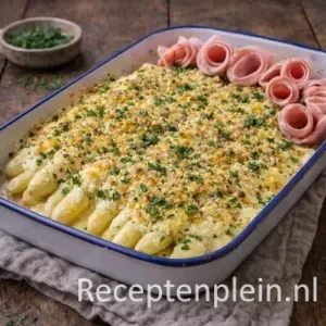 Gegratineerde asperges met ham en aardappelpuree uit de oven op een rustieke houten tafel.
