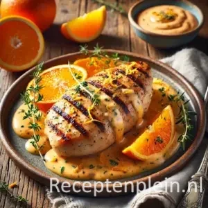 Gegrilde kip met sinaasappel-yoghurtsausje op rustieke houten tafel