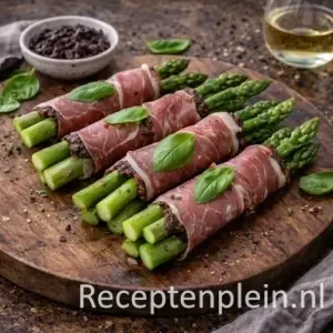groene asperges met rauwe ham op een rustieke houten tafel.