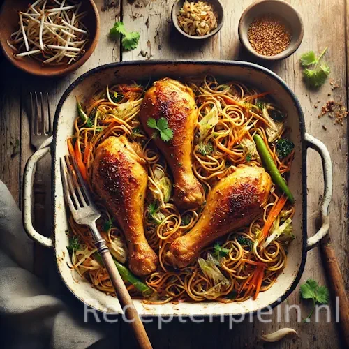 Indische drumsticks met bami op rustieke houten tafel