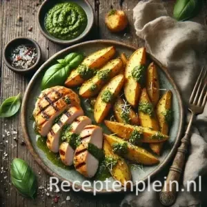 Italiaanse kipfilet met pesto aardappelpartjes op rustieke houten tafel