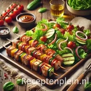 Kip-katenspekspiesen met een frisse salade op rustieke houten tafel