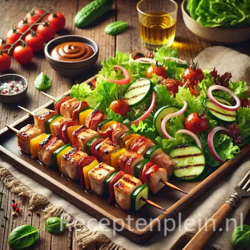 Kip-katenspekspiesen met een frisse salade op rustieke houten tafel