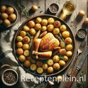 Kip met Opperdoezer ronde aardappelen op rustieke houten tafel.