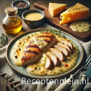 Kipfilet met 4 kazensaus op rustieke houten tafel 🧀🍗