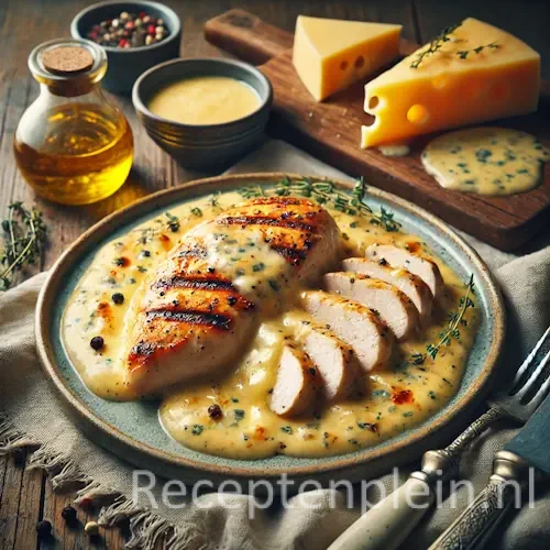 Kipfilet met 4 kazensaus op rustieke houten tafel 🧀🍗