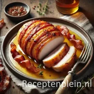 Kipfilet met ontbijtspek op rustieke houten tafel