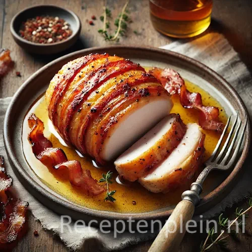 Kipfilet met ontbijtspek op rustieke houten tafel