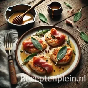 Kipsaltimbocca op rustieke houten tafel