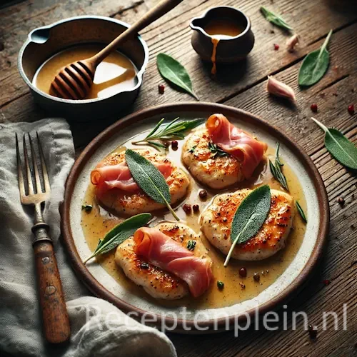 Kipsaltimbocca op rustieke houten tafel