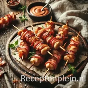 Kipspiesjes met bacon op rustieke houten tafel