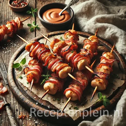 Kipspiesjes met bacon op rustieke houten tafel