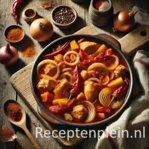 Kipstoofpot met paprika en ui op rustieke houten tafel