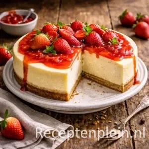 Hyper-realistische foodfoto van een klassieke Philadelphia cheesecake met romige vulling en gouden koekbodem, bedekt met glanzende aardbeiensaus en verse aardbeien, geserveerd op een keramisch bord op een rustieke houten tafel met een linnen servet en dessertvork in warm natuurlijk licht.