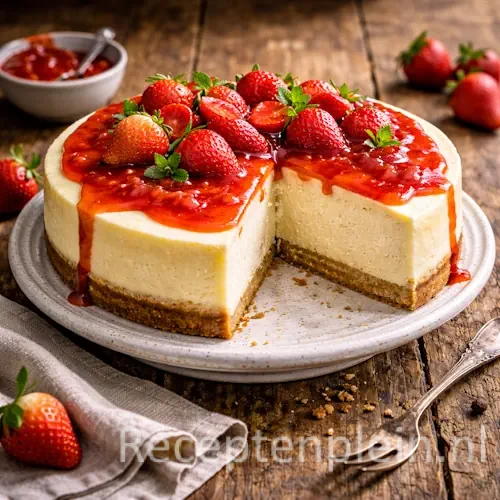 Hyper-realistische foodfoto van een klassieke Philadelphia cheesecake met romige vulling en gouden koekbodem, bedekt met glanzende aardbeiensaus en verse aardbeien, geserveerd op een keramisch bord op een rustieke houten tafel met een linnen servet en dessertvork in warm natuurlijk licht.