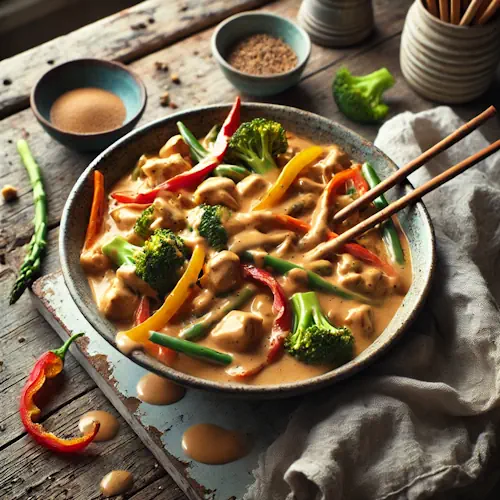 Pinda-wokdip met kip en groenten op rustieke houten tafel