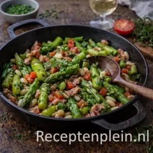 Roergebakken asperges met spekjes in pan op rustieke houten tafel
