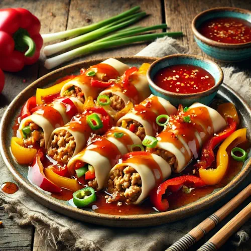 Sweet & sour wok roll met kipgehakt, paprika en lente-ui op rustieke houten tafel