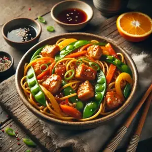 Teriyaki groentenoedels met sinaasappel-kipreepjes op rustieke houten tafel