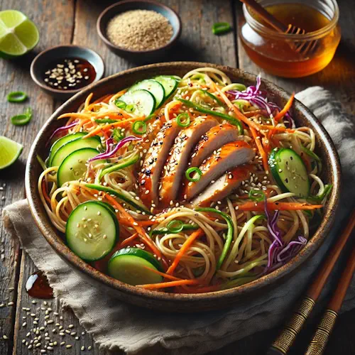 Teriyaki honing noedelsalade met gerookte kip op rustieke houten tafel