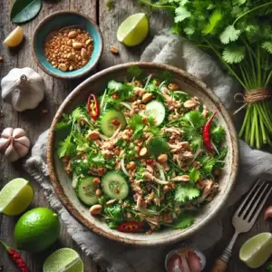 Thaise knoflook-koriandersalade met kip op rustieke houten tafel