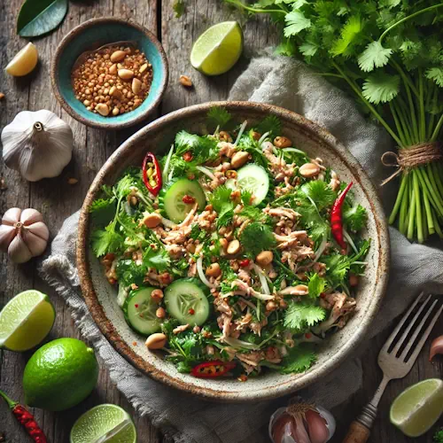 Thaise knoflook-koriandersalade met kip op rustieke houten tafel