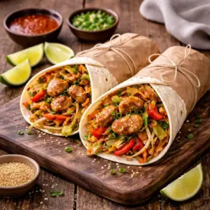Wok roll met gemarineerde kip en groenten op rustieke houten tafel