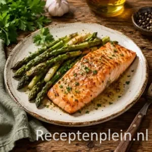 Zalm met geroerbakte asperges op rustieke houten tafel