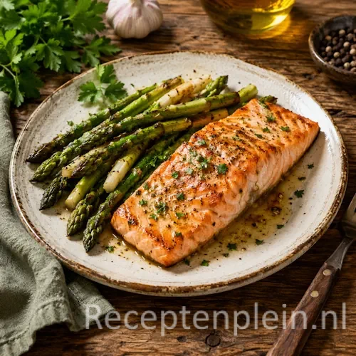 Zalm met geroerbakte asperges op rustieke houten tafel