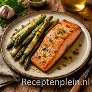 Zalmmoot met asperges op rustieke houten tafel