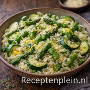 Asparagus zucchini risotto op een rustieke houten tafel.