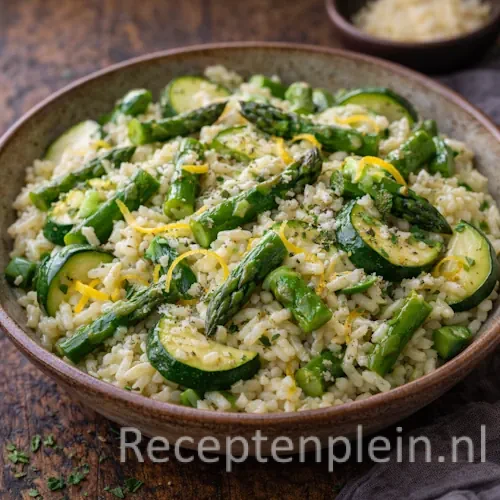 Asparagus zucchini risotto op een rustieke houten tafel.