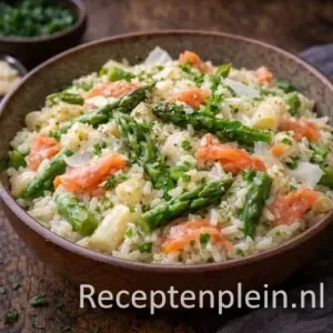 aspergerisotto op een rustieke houten tafel.