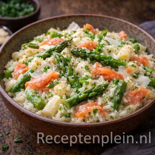 aspergerisotto op een rustieke houten tafel.