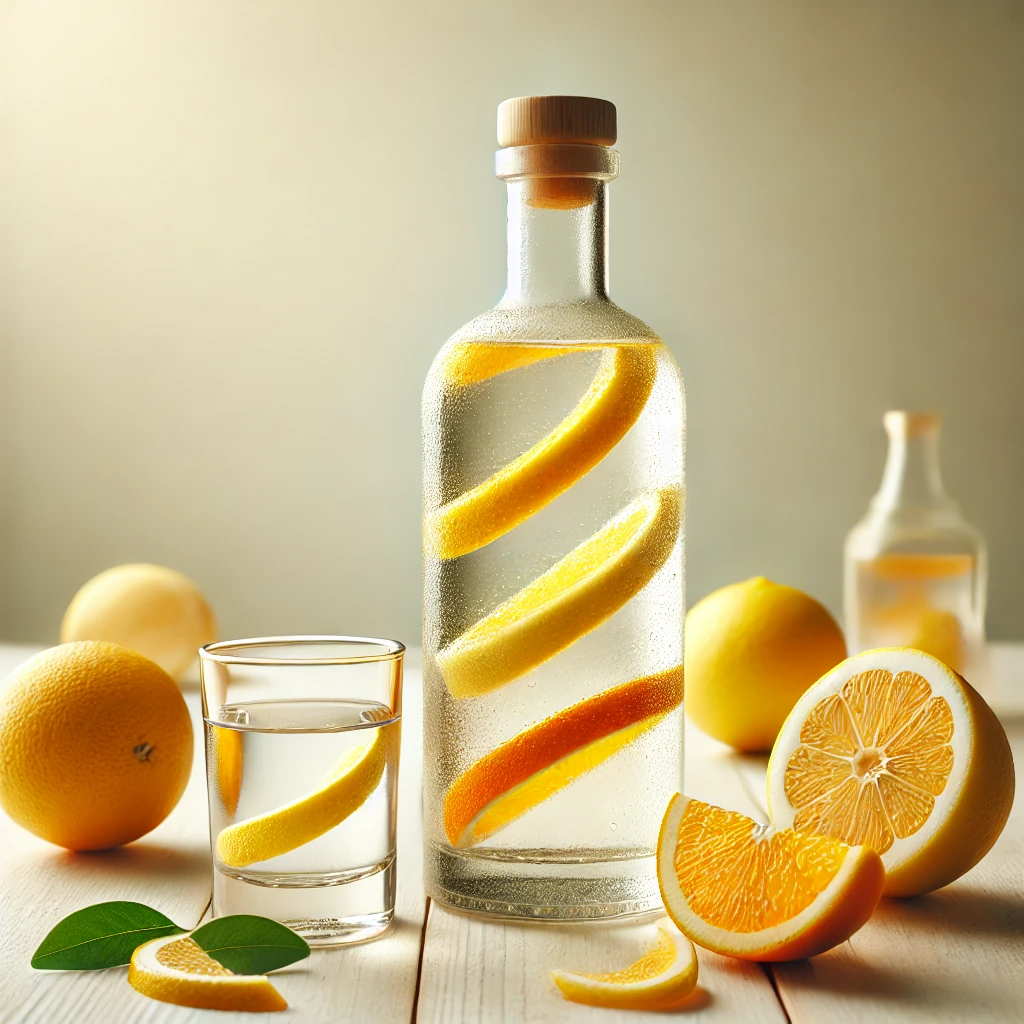 Citroen- of sinaasappelwodka in een heldere glazen fles, met een glas wodka ernaast, omringd door een citroen, een sinaasappel en hun artistiek gerangschikte schillen, gepresenteerd op een lichte houten tafel in een minimalistische setting.