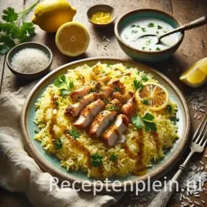 Hyperrealistische foodfoto van citroenrijst met roergebakken kip op een brede keramische schaal op een rustieke houten tafel, licht uitgezoomd zodat het tafelblad goed zichtbaar is. De gele rijst met citroenrasp is bedekt met goudbruin gebakken kipstukjes en verse kruiden. Een klein schaaltje romige kokossaus staat naast het gerecht, omringd door een halve citroen, losse rijstkorrels, koriander en een linnen doek, vastgelegd in warm natuurlijk daglicht met een premium foodmagazine uitstraling.