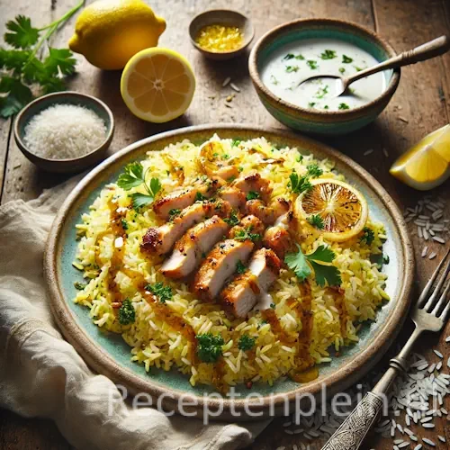 Hyperrealistische foodfoto van citroenrijst met roergebakken kip op een brede keramische schaal op een rustieke houten tafel, licht uitgezoomd zodat het tafelblad goed zichtbaar is. De gele rijst met citroenrasp is bedekt met goudbruin gebakken kipstukjes en verse kruiden. Een klein schaaltje romige kokossaus staat naast het gerecht, omringd door een halve citroen, losse rijstkorrels, koriander en een linnen doek, vastgelegd in warm natuurlijk daglicht met een premium foodmagazine uitstraling.