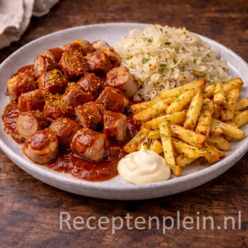 Curryworst in kruidige tomatensaus met rauwe kruidenzuurkool en krokante oma’s smulfrieten, geserveerd op een rustieke houten tafel.